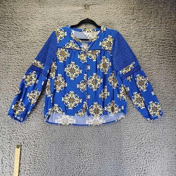 Crown & Ivy Top Women PXL Blue Floral Embroidered Long Sleeve Boho Blouse - Picture 1 of 8